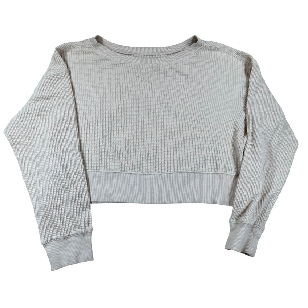 OFFLINE by Aerie Womens Small Cream Waffle Knit Cropped Sweatshirt Thermal Top